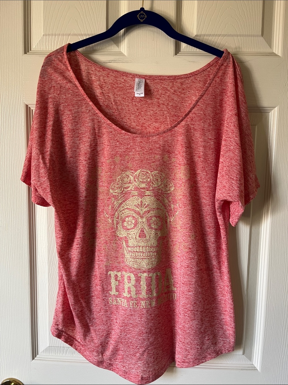 Women's Pink Scoop Neck Short Sleeve Tee with Gold Skull Graphic